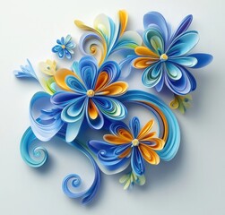 3D render of colorful blue and yellow flowers, with swirls and spirals