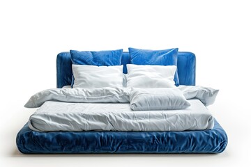 A plush blue bed with white bedding and pillows, designed for comfort and relaxation. isolated on white background
