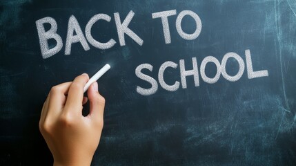 Fototapeta premium Back to school chalkboard with hand holding chalk