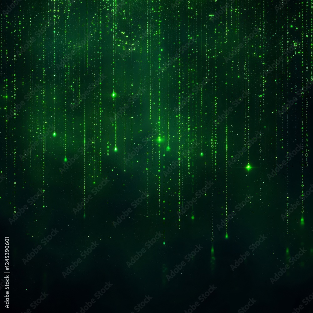 Poster emerald rain: a mesmerizing cascade of shimmering green light streaks across a deep black background
