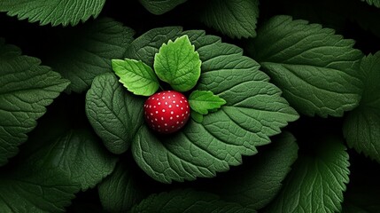 Crimson Jewel Amidst Emerald Foliage: A single, vibrant red strawberry nestled amidst layers of lush, green leaves.