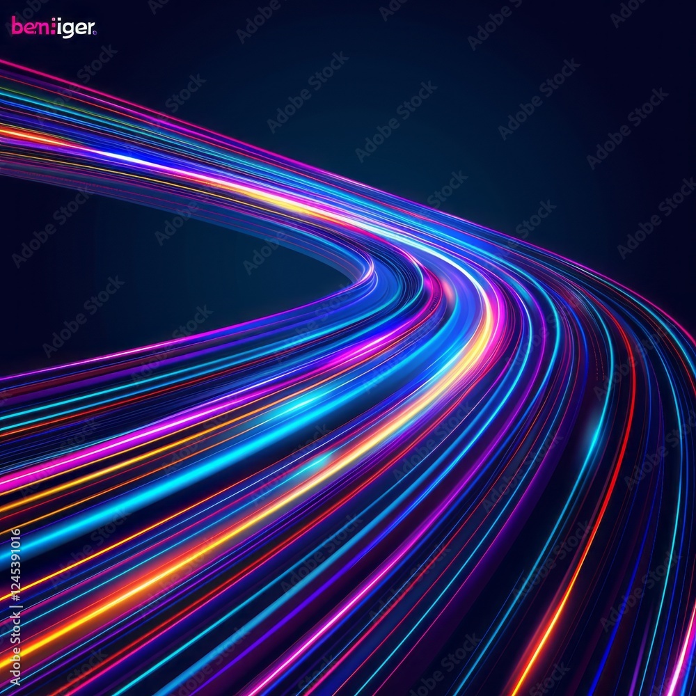 Poster neon speed lines: abstract artwork depicting vibrant, multicolored neon light trails creating dynami