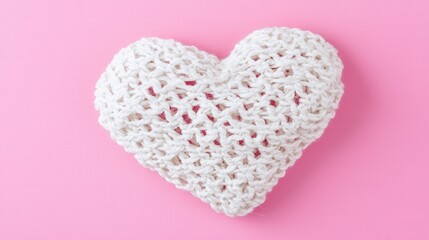 Fototapeta premium White Knitted Heart on Pink Background