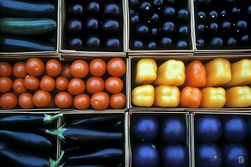 Colorful Produce Display in Wooden Boxes
