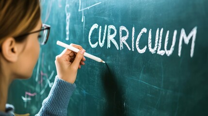 Female educator writing curriculum on chalkboard in classroom