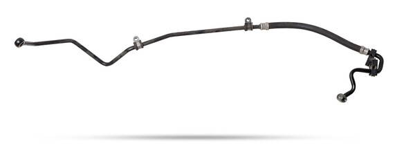 Obraz premium A metal brake pipe is part of the vehicle’s brake system, which supplies brake fluid under pressure to the service brake cylinders or calipers on wheels. Spare parts for sale in auto service.
