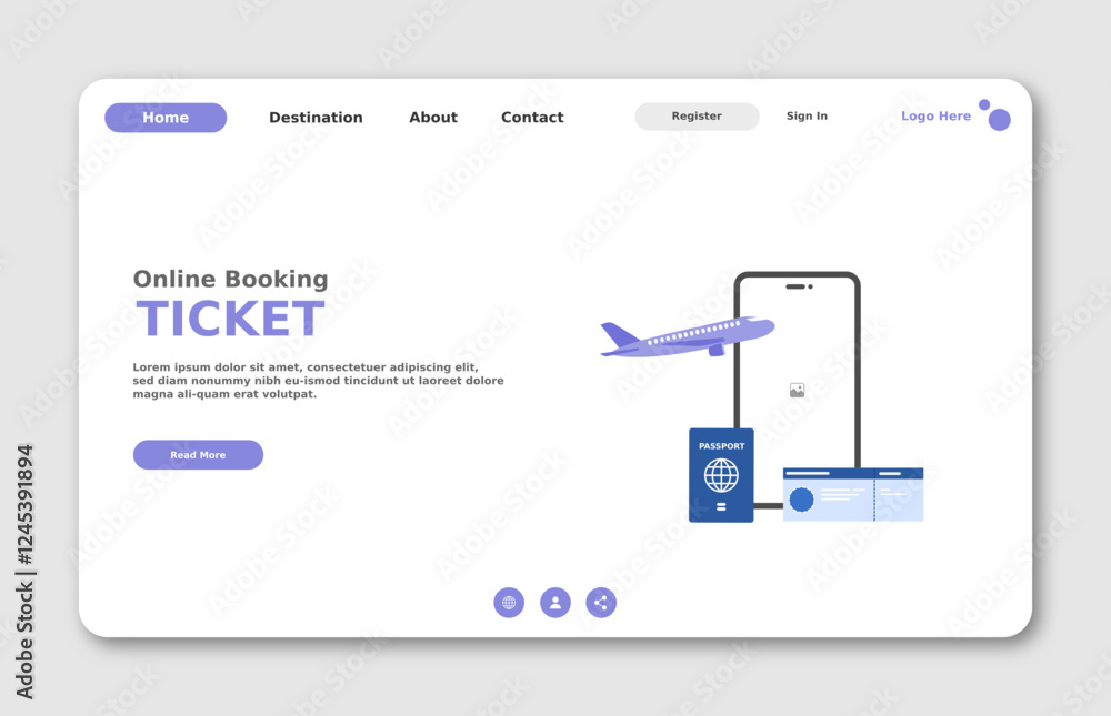 Poster travel website landing page. flight booking. graphical user interface for website page