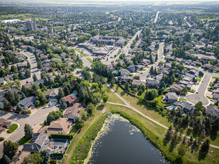 Residential area with houses and a pond