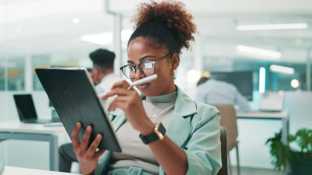 Woman, web designer or writing with tablet for app testing, development or UI and UX at office. Female person, employee or software developer with technology for online interaction or AI research