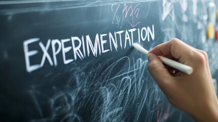 Person writing 'experimentation' on chalkboard with white chalk
