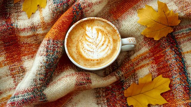 Cozy autumn vibes with latte art and fallen leaves on plaid blanket