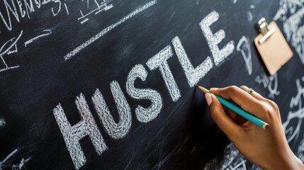 Hand writing hustle on chalkboard with blue pencil for motivation and inspiration