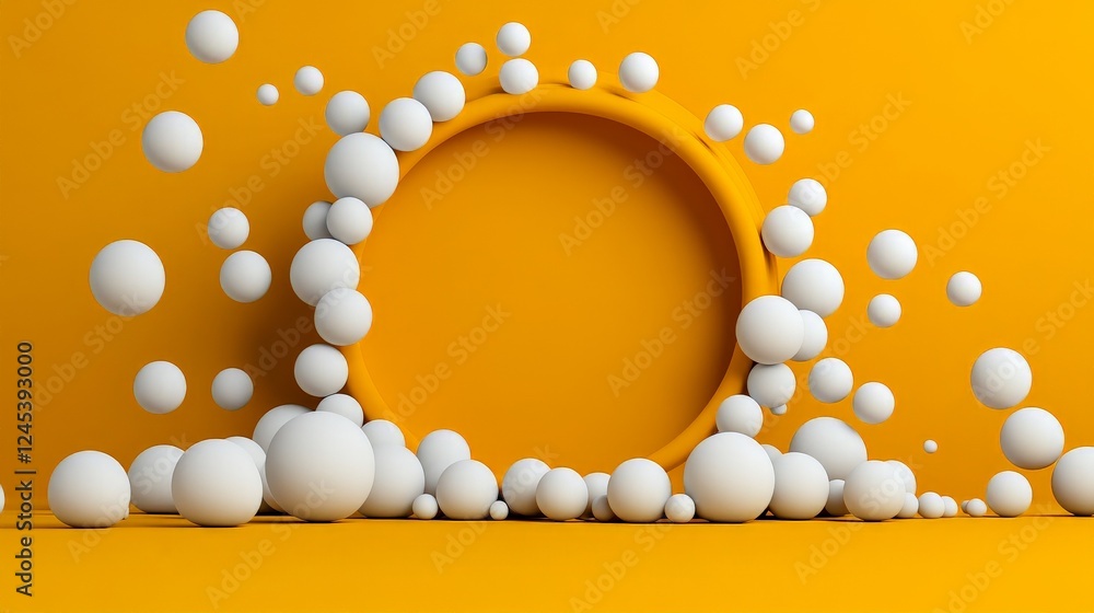 Poster abstract circle with spheres: a contemporary abstract composition features a vibrant yellow backdrop