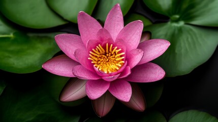 Serene Lotus: A close-up view of a vibrant pink lotus flower, radiating with elegance and tranquility, floating amidst its lush green lily pads.