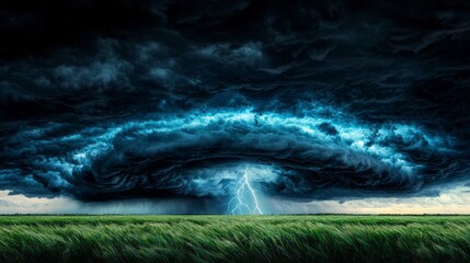 Lightning Strikes: A dramatic and powerful image of a lightning bolt striking a field of green grass, set against a backdrop of dark, menacing storm clouds.