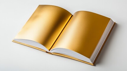 Open golden book with blank pages on a minimalistic background