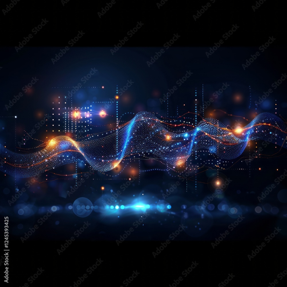 Poster digital wave: abstract glowing particles forming a dynamic wave, with shades of blue and orange crea