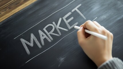 Hand writing market on chalkboard with white chalk close-up