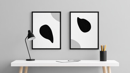 Modern Minimalist Artwork Display on Light Gray Wall with Desk