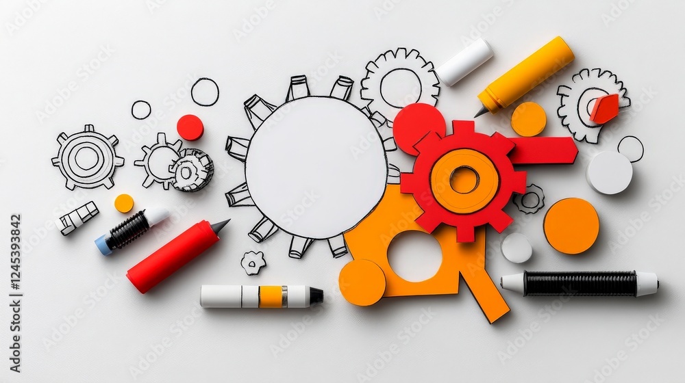 Poster mechanical harmony: a dynamic composition of gears and tools, illustrating the intricacies of mechan