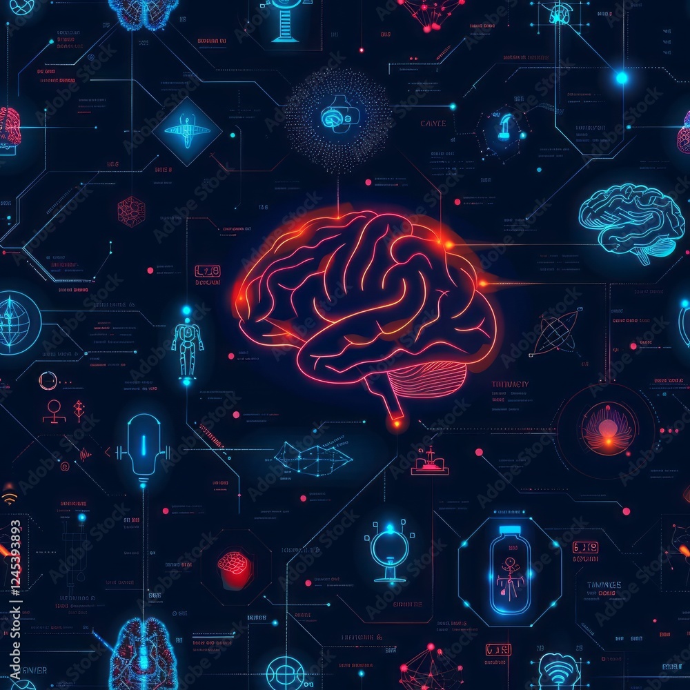 Poster neural network abstract: a mesmerizing abstract pattern of glowing neon brains, intricate circuitry,
