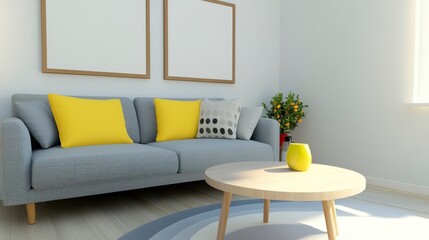 Fototapeta premium Cozy modern living room with yellow accents and bright decor