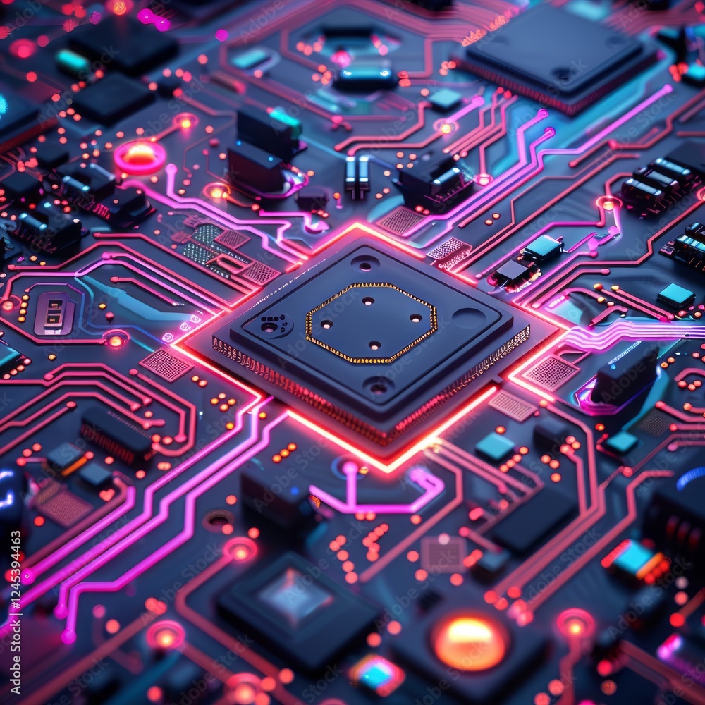 Poster neon circuitry: a mesmerizing close-up of a futuristic motherboard, illuminated by neon light, showc