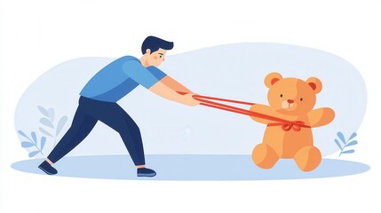 Obraz premium Person Pulling a Stuffed Animal with a Red Rope on a Light Blue Background