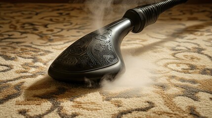 A steam iron placed on a damp cloth, effectively removing stains from a carpet.