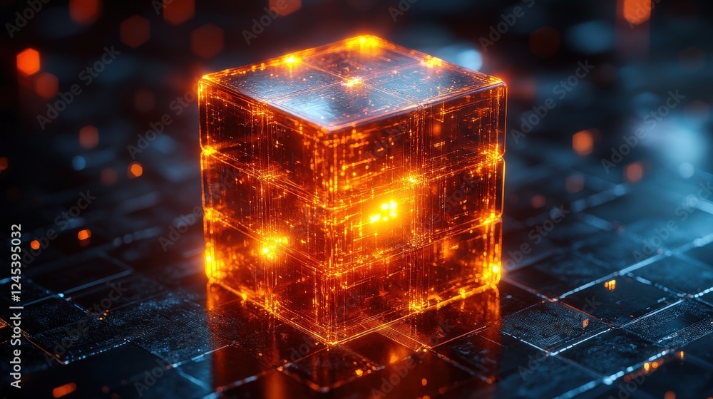 Poster glowing cube composed of luminous particles, set against a dark, reflective background with digital 