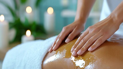 Naklejka premium Peaceful Spa Moment with Soothing Massage and Calming Aromatherapy in Relaxing Atmosphere Hands Providing Gentle Luxurious Self Care Experience
