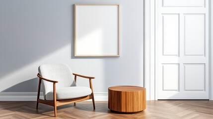 Modern Minimalist Living Room With Chair and Empty Frame on Wall