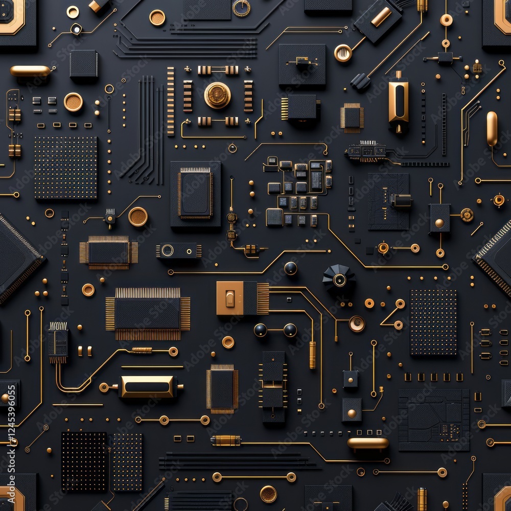 Poster black gold circuit board: a mesmerizing abstract image showcasing a complex circuit board design in 