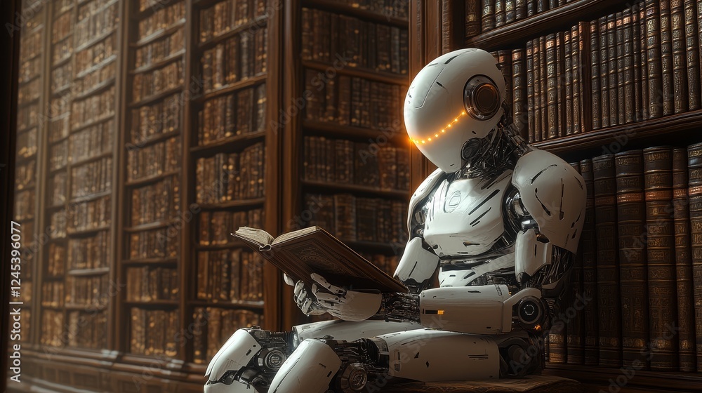 Poster futuristic robot reading a book in a vintage library setting