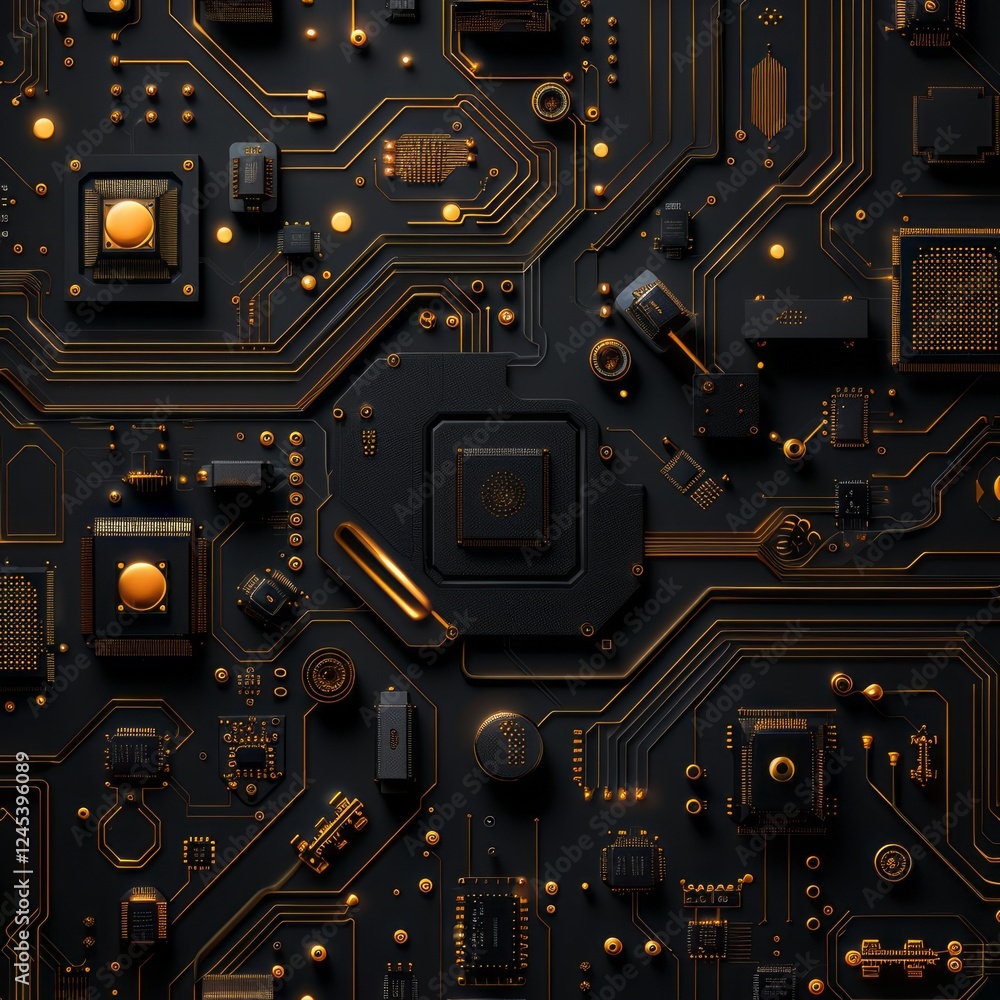 Poster circuitry abstract: a captivating abstract close-up of intricate black and gold circuitry, showcasin