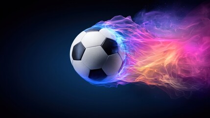 Naklejka premium Glowing soccer ball being kicked mid air leaving behind radiant energy trails and a dynamic abstract visual effect Represents the speed power and excitement of the sport of soccerfootball