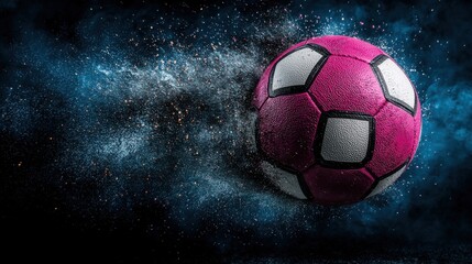 Fototapeta premium Glowing Soccer Ball Soaring Through Cosmic Atmosphere with Swirling Stardust and Galactic Backdrop