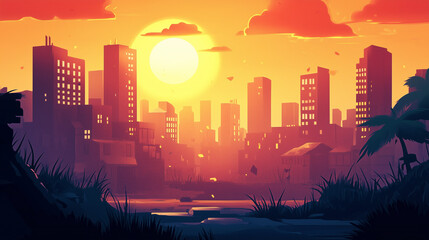 Fototapeta premium Game Backgrounds: 2D Cartoon City Sunset Skyline