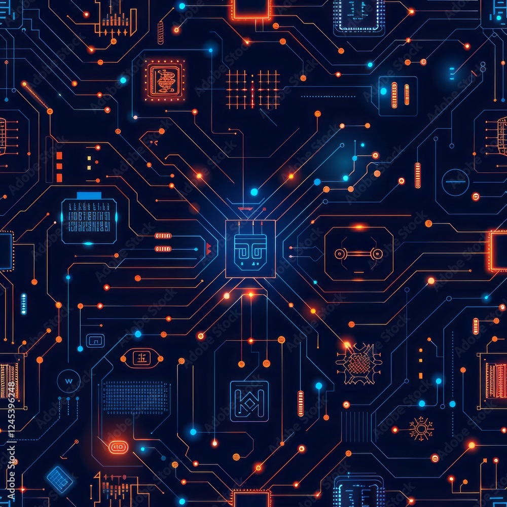 Poster cybernetic circuitry: abstract digital pattern, mesmerizing blue and orange lines intertwining into 