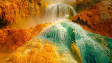 Colorful waterfall cascades down orange, green rocks.  Nature background, ideal for travel brochure