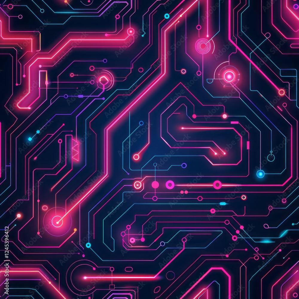 Poster neon circuitry: a mesmerizing abstract pattern of neon pink and blue lines intertwining over a dark 