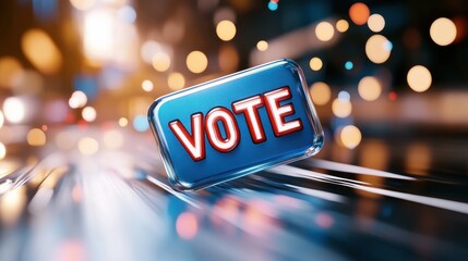 Illuminated Floating Crystal Like Sign with the Word  VOTE  Carved into the Surface Promoting Civic Engagement Democratic Participation and Responsible Citizenship