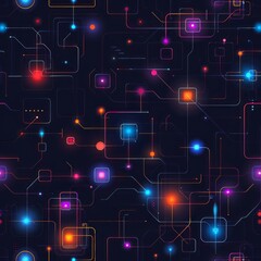 Neon Circuitry Seamless Pattern: An abstract pattern of vibrant neon circuitry lines and glowing squares on a dark background, ideal for futuristic designs and tech-related projects.