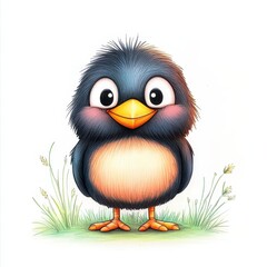 Fototapeta premium Adorable Cartoon Baby Bird in Grass Dark Blue Fluffy Feathers, Orange Beak, Pink Cheeks