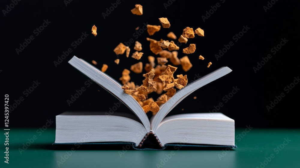 Poster literary explosion: an open book seemingly erupts with fragments of knowledge, creatively captured a