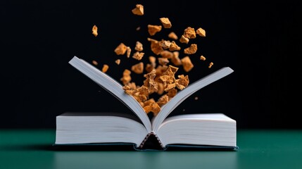 Literary Explosion: An open book seemingly erupts with fragments of knowledge, creatively captured against a striking backdrop. This shot is about the power of learning.