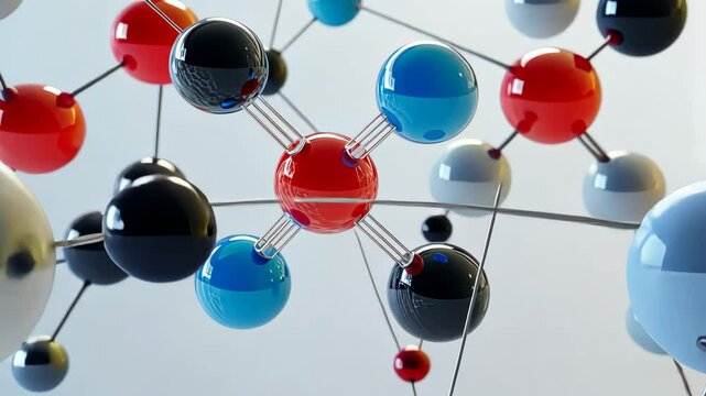 Dynamic molecular model movement with vibrant colors and interconnections