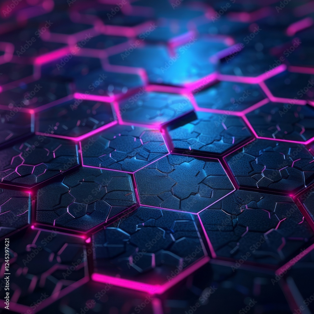 Poster cyberpunk hexagon grid: close-up view of a dark, textured hexagonal grid with vibrant pink and blue 