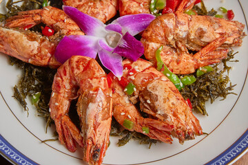 chinese food on plate photographed at high angle, restaurant food, chinese traditional cuisine