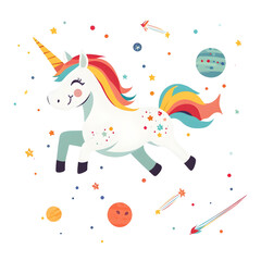 Playful unicorn with a colorful mane, set against a backdrop of stars, planets, and comets. Perfect for children's T-shirts, mugs, or decorative wall art.